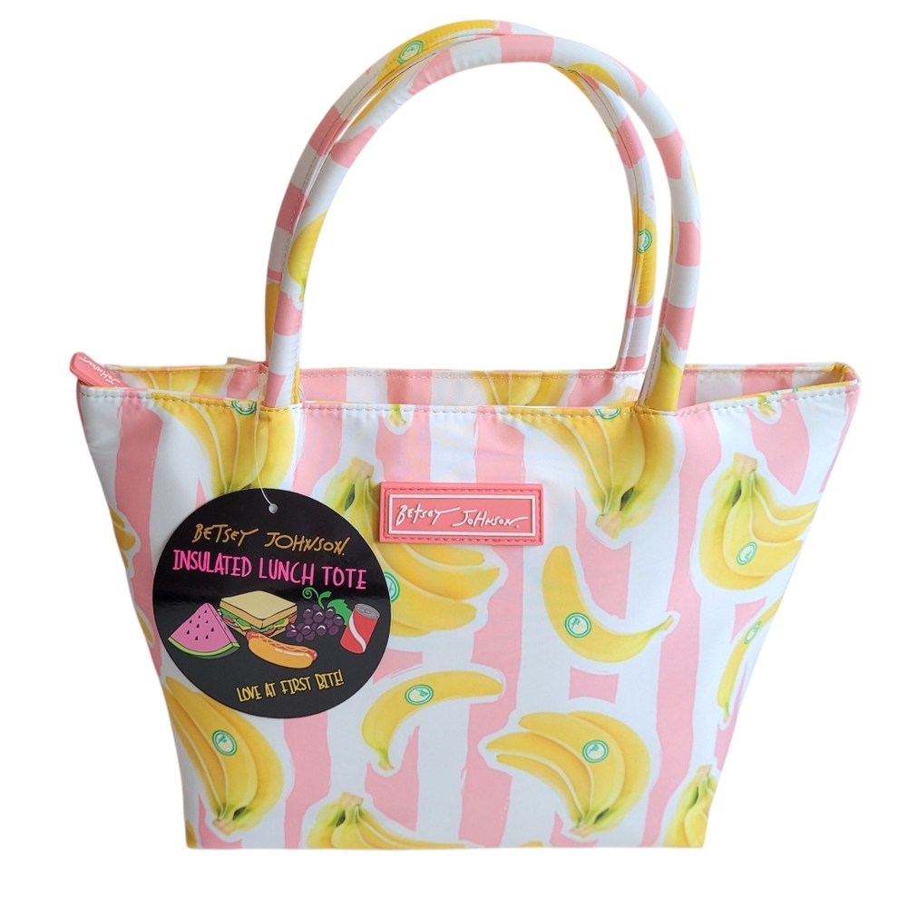NWT Betsey Johnson Banana Stripe Insulated Satchel Lunch Tote Pink Fruit Print